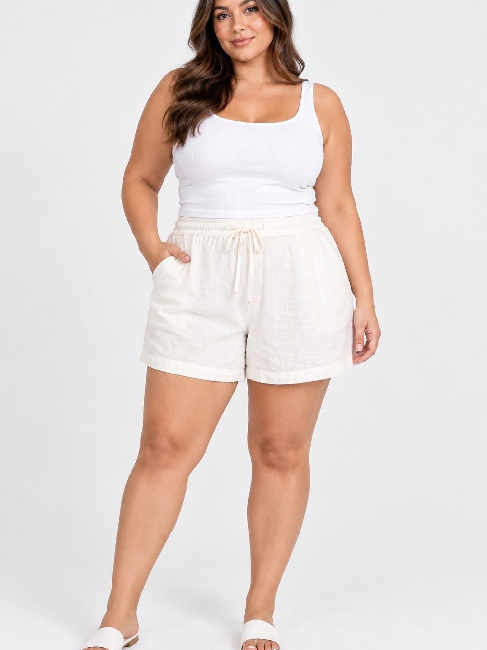 Casual Drawstring Linen-Blend Bermuda Shorts - Cream